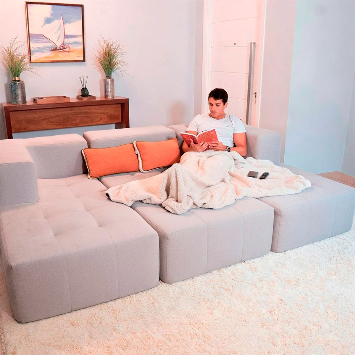 Sofá Modular Boucle Cinza - 3 Lugares - 2 Cantos com 3 Apoio de Pé - Image 4